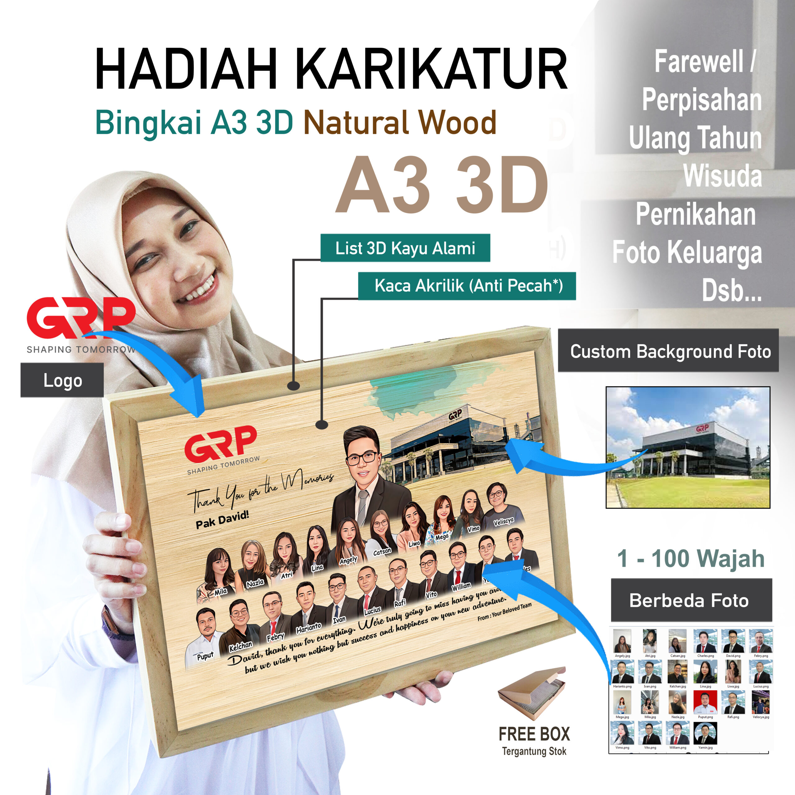 Karikatur Standart + Bingkai 3D A3 Natural Wood