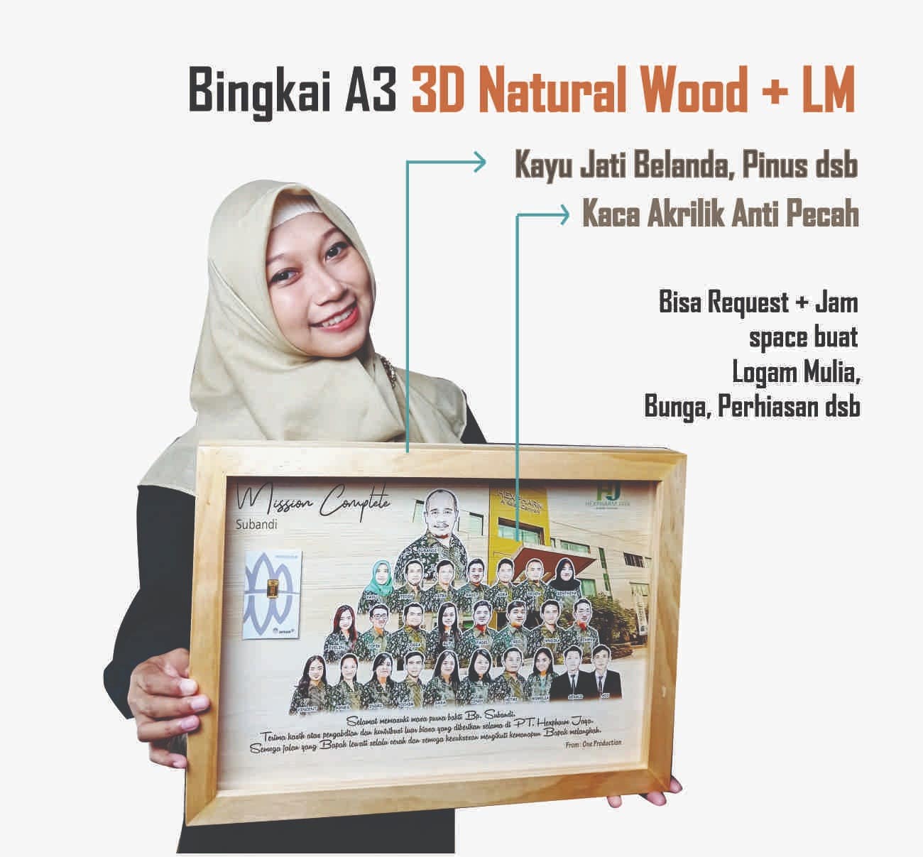 Bingkai 3D A3 Natural Wood + Logam Mulia
